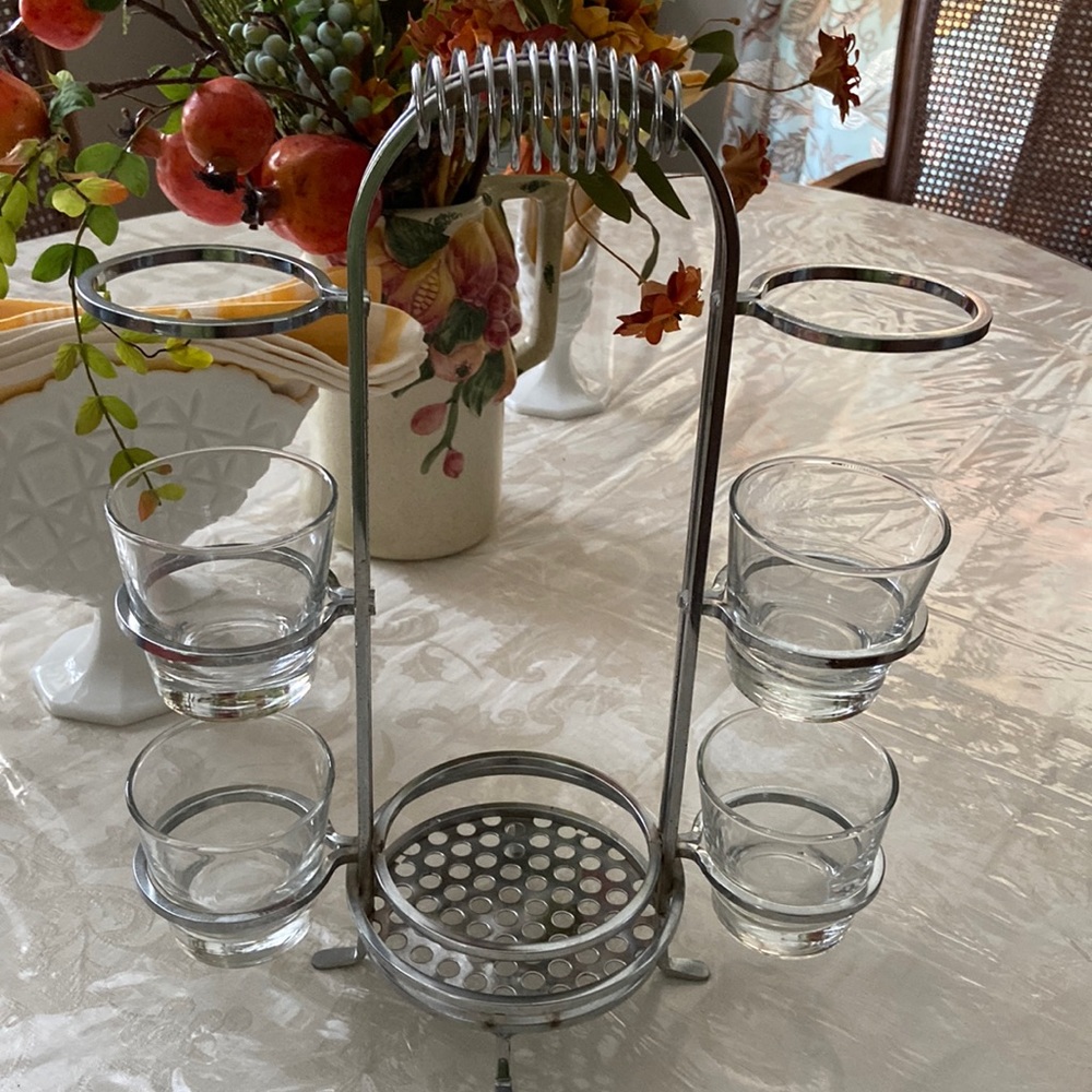 Vintage chrome MCM martini shaker caddy w four cocktail glasses